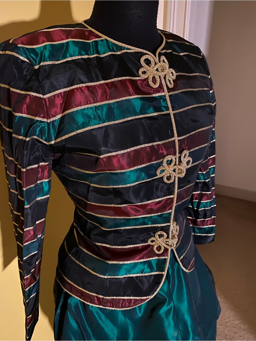 Vintage Striped Satin Jacket and Skirt w/ Gold Trim